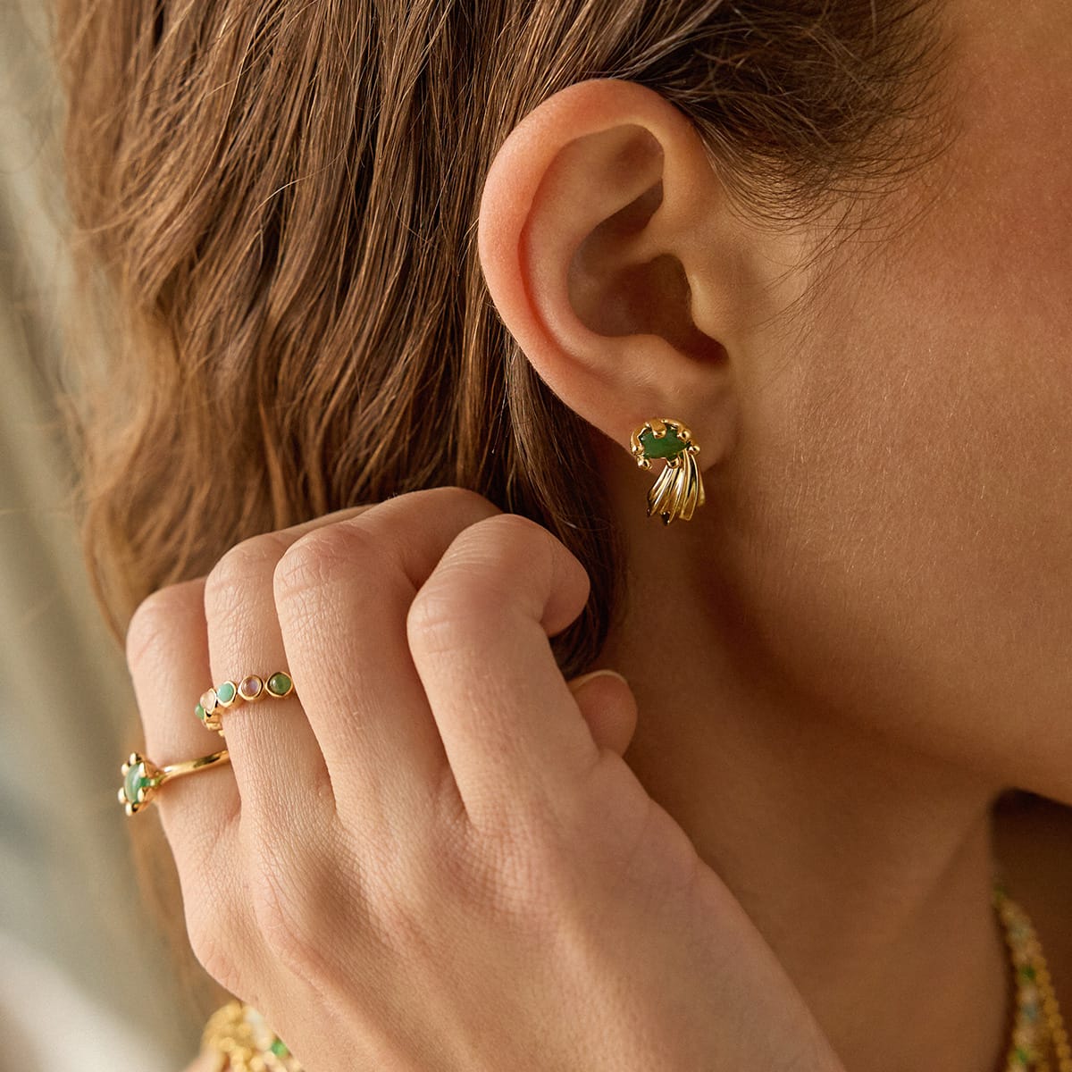 Green Aventurine Claw Stud Earrings 18ct Gold Plate