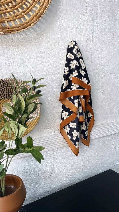 Silk Flower Power Twilly Scarf, Navy