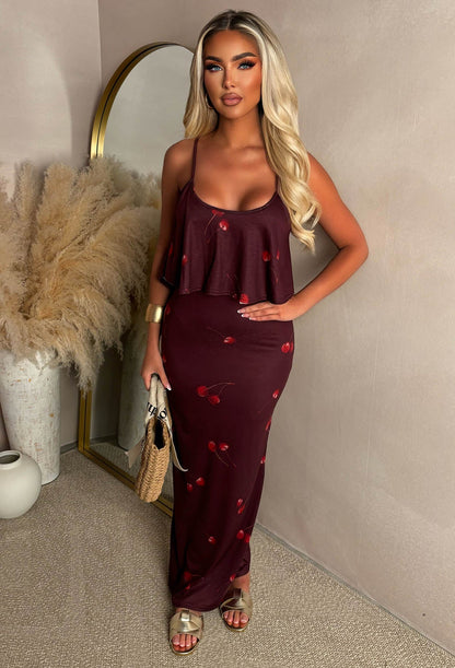 Heatwave Cherries Burgundy Super Soft Comfort Jersey Frill Maxi Dress
