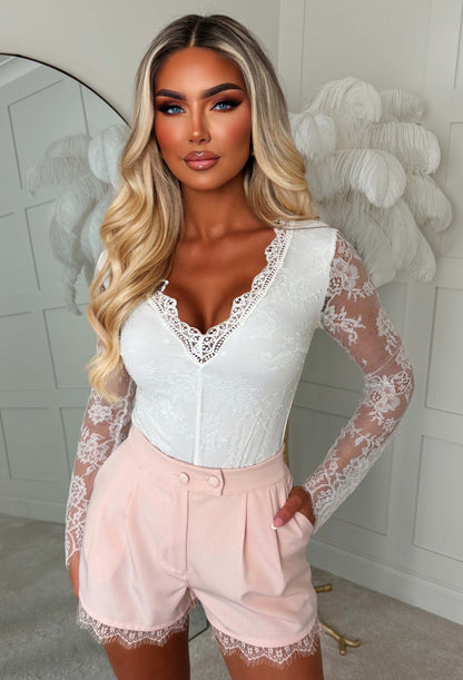 In The Spotlight Pink Lace Trim Detail Tailored Shorts