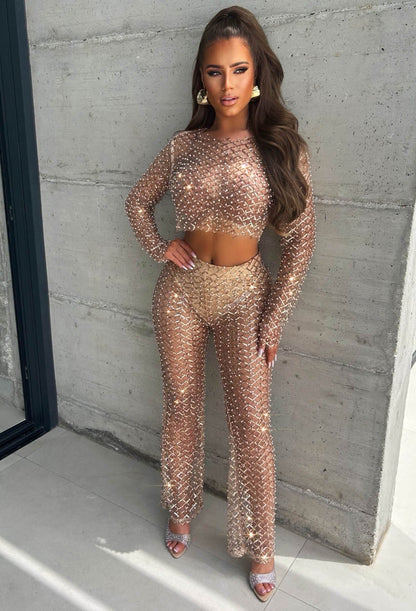 It Girl Moments Rose Gold Sequin Pearl Mesh Trousers