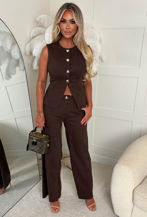 Just Too Cool Brown Stretch Denim Jeans & Waistcoat Co-ord Set