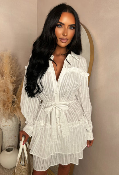 Kiss Me Sweetheart White Ruffle Mini Dress With Tied Bow