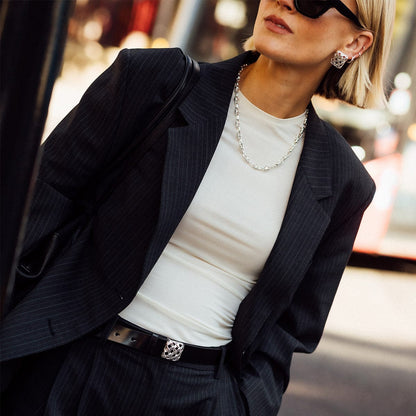 Polly Black Leather Belt Silver Plate