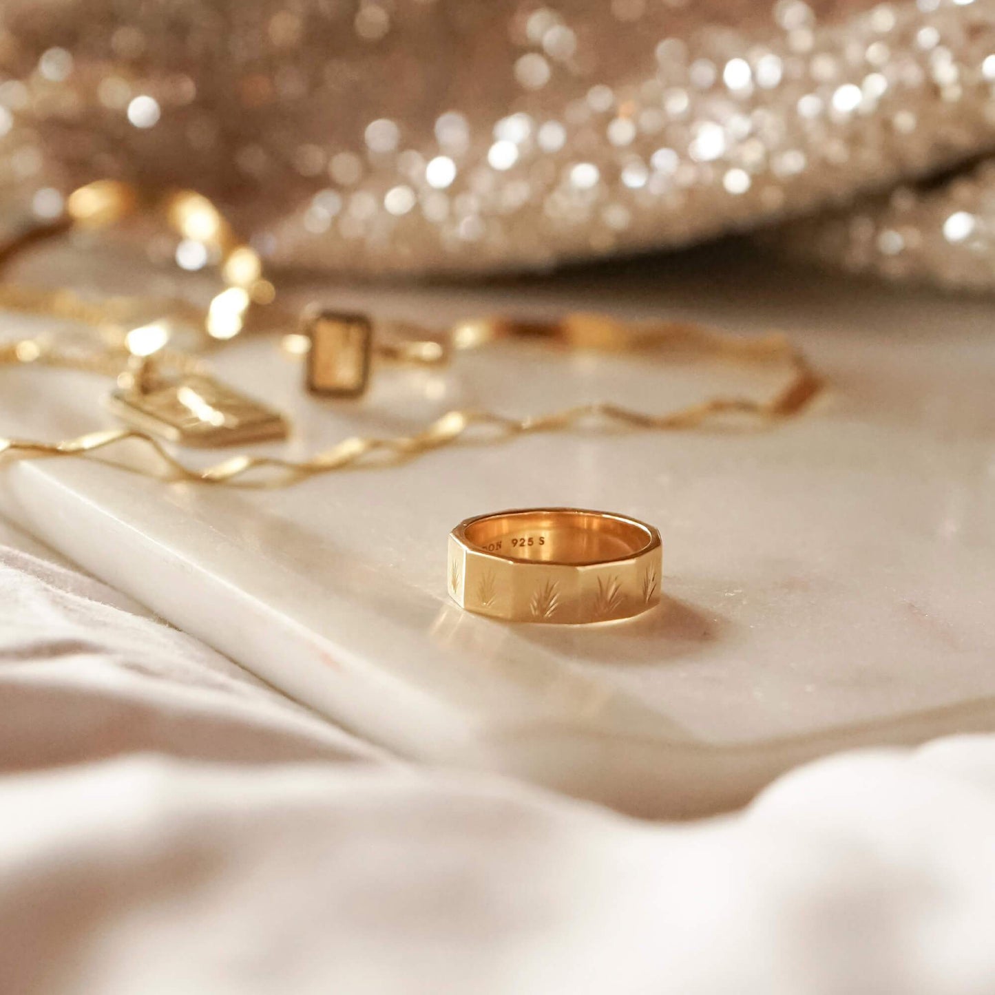 Engraved Geometric Band Ring 18ct Gold Plate